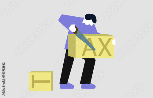 Person cutting tax with hand saw, reduce tax conceptual illustration