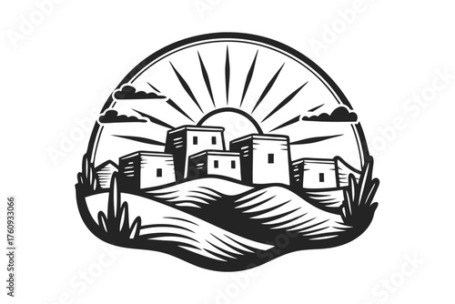 Monochrome illustration depicts ancient buildings on hillside under sun rays and clouds