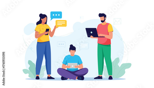 Vector art of three people communicating and working together using technology like smartphones and laptops