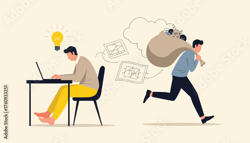 Man stealing ideas from another man working on laptop, concept of intellectual property theft and idea piracy