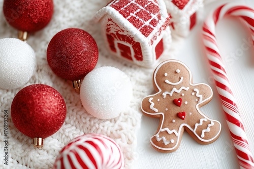 Cozy Christmas flat lay with red ornaments, candy canes, gingerbread cookie, and knit textures – festive holiday background for cards, ads, and winter promotions