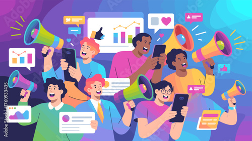 People in a vibrant illustration of social media marketing.
