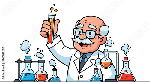 Cartoon scientist holding test tube with chemical reaction surrounded by flasks and beakers