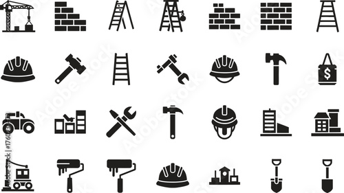 Construction and Building Tools Vector Icons Set with Industry Elements