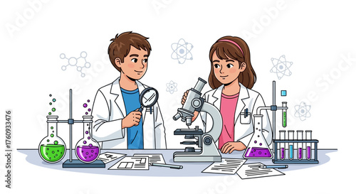 Enthusiastic young scientists conducting experiments in a laboratory setting with advanced