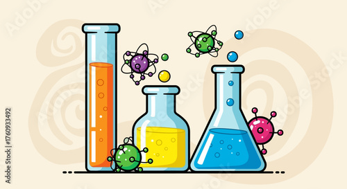 Cartoon depiction of scientific research equipment with viruses and liquids in laboratory