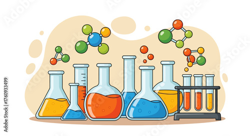 Illustration of laboratory glassware filled with colorful liquids and molecular structures