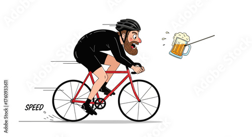 Humorous illustration of a cyclist distracted by a flying beer mug adding a funny element