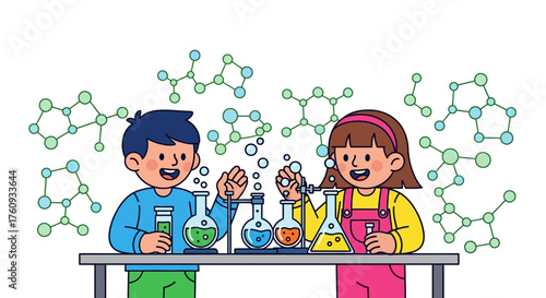 Enthusiastic young scientists conducting experiments with beakers in a laboratory setting