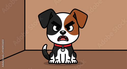 Cartoon Illustration of an Angry Dog with a Scowl Sitting in the Corner looking disgruntled