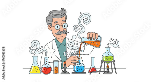 Cartoon Scientist Conducting Experiment with Beakers and Flasks in a Laboratory Illustration