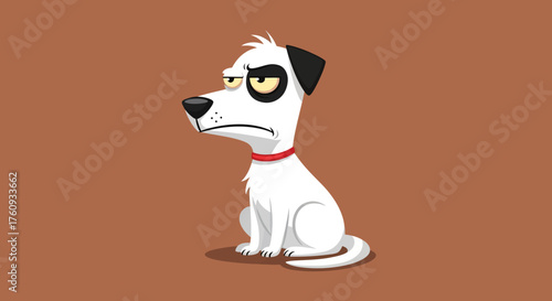 Cartoon grumpy dog illustration featuring a white dog with a red collar and a displeased