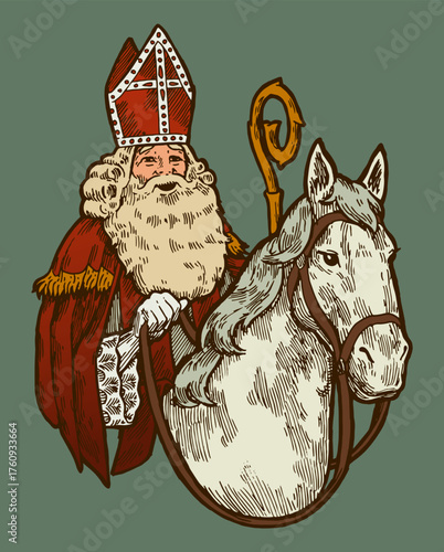 Vintage vector illustration of Sinterklaas (Saint Nicholas) in red bishop robes with a crosier, riding a white horse. Hand-drawn style, perfect for Christmas, winter, or Dutch holiday designs.