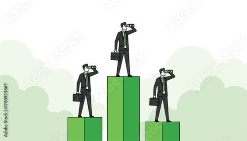 Strategic Market Vision: Businessmen on Growth Bar Charts Looking Through Binoculars 
