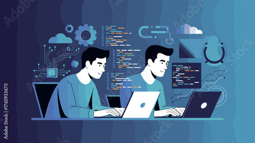 Two male programmers engrossed in their work, surrounded by a tech-infused background.