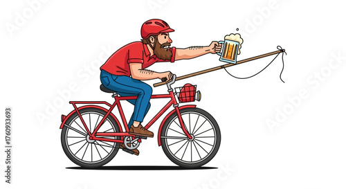 Humorous illustration of a man riding a bicycle while holding a beer stein on a fishing rod
