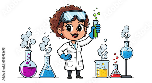 Cartoon female scientist with laboratory glassware, conducting scientific experiments with