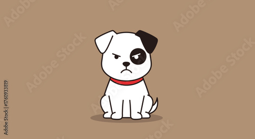 Grumpy Cartoon Dog with Red Collar Sitting on Brown Background Animated Style Character Design