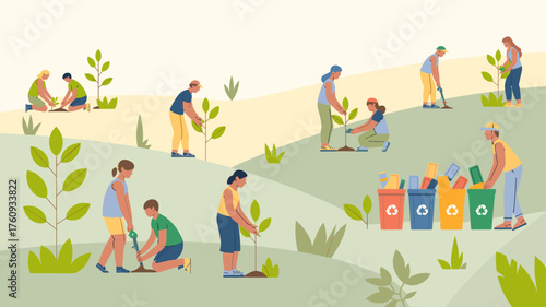 A group of people planting trees in nature and participating in waste separation.