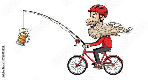 Cartoon of a bearded man riding a bicycle while fishing for a beer with a fishing rod