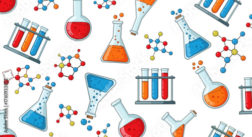 Colorful science seamless pattern with flasks test tubes and molecules on white background