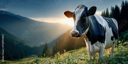 Black and white cow grazing in a lush green meadow at sunset