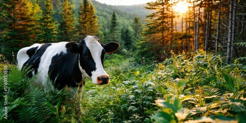 Black and white cow grazing in a vibrant green meadow at sunset
