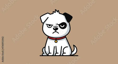Cartoon grumpy dog with black patch and red collar illustration with plain background