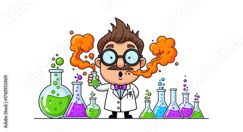 Cartoon mad scientist character with laboratory beakers and chemical reactions in progress