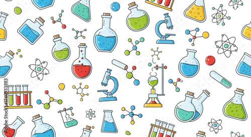 Seamless science pattern featuring laboratory glassware and molecular structures design backdrop