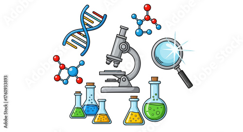Science laboratory equipment, including microscope, beakers, molecule models and dna structure