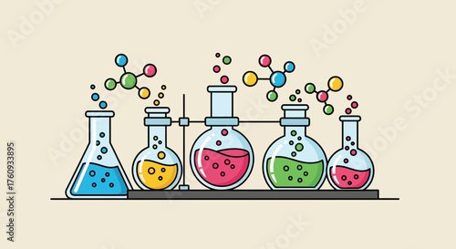 Illustration of Colorful Chemical Beakers with Molecular Structures in a Laboratory