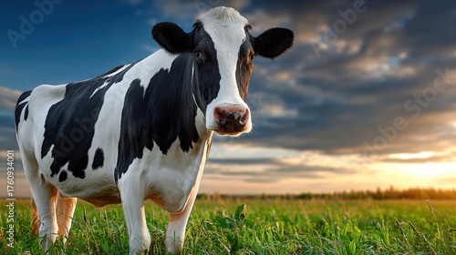 Black and white cow relaxes in vibrant green meadow at sunset