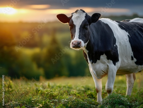 Black and white cow grazing in a lush green meadow at sunset