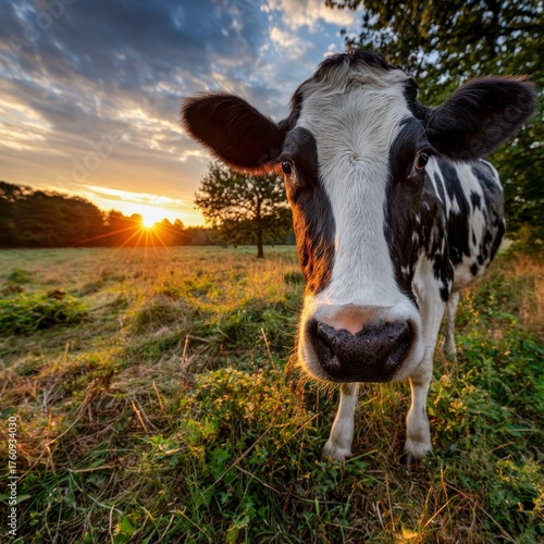 Black and white cow enjoying a peaceful moment in a green meadow at sunset