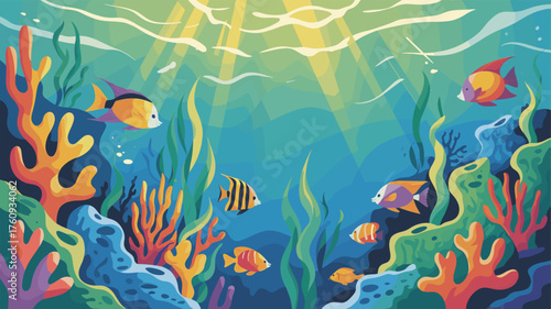 A colorful and vibrant illustration depicting an underwater scene filled with various fish, plants and coral.