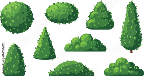 Cartoon Shapes of Green Bushes with Leaves Isolated on a White Background