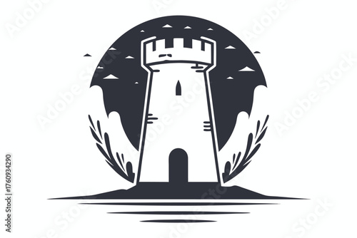 Monochrome tower stands prominently with surrounding silhouettes and simple foliage elements near the base