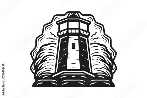 Monochrome tower stands strong amid stylized waves and birds flying in a nautical landscape