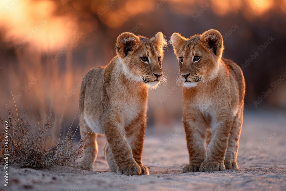 Obraz premium Lion cubs playfully interact at sunset in a sandy landscape