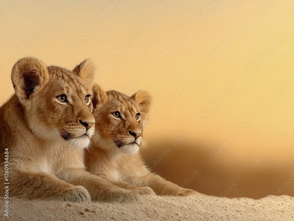 Obraz premium Two young lions resting calmly under a warm sunset sky in the savannah