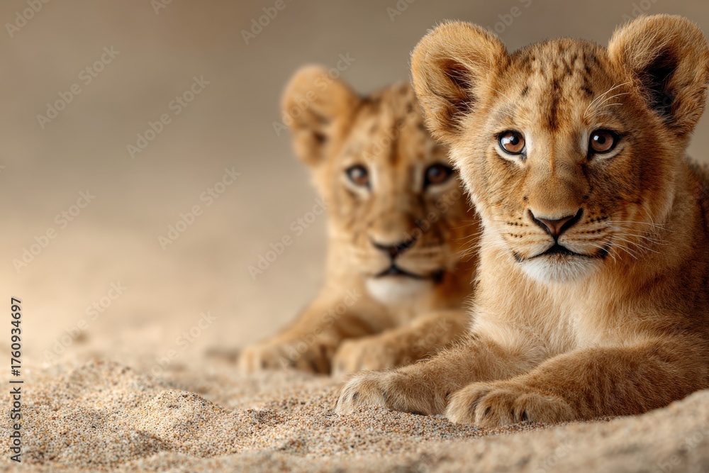 Obraz premium Two young lions resting on sandy ground in a serene environment