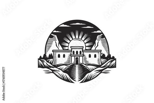 Monotone building facade against sunrise with hillside view framed by mountain range and clouds