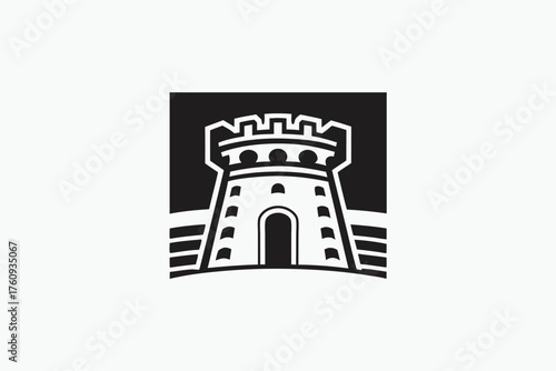 Monumental tower stands solid, featuring crenellations, geometric accents, and a powerful architecture against a square background