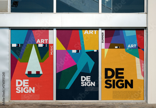 Three blank outdoor advertising posters are arranged in a row on a building's wall, ready for creative designs in a commercial area. PSD Mockup