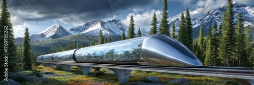 A sleek, transparent train moves swiftly along tracks in a lush forest landscape, surrounded by towering mountains and bright skies. Nature thrives all around.