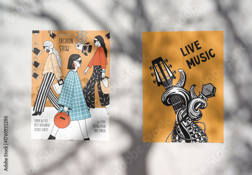 Mockup of two posters on a wall, with soft tree shadows creating