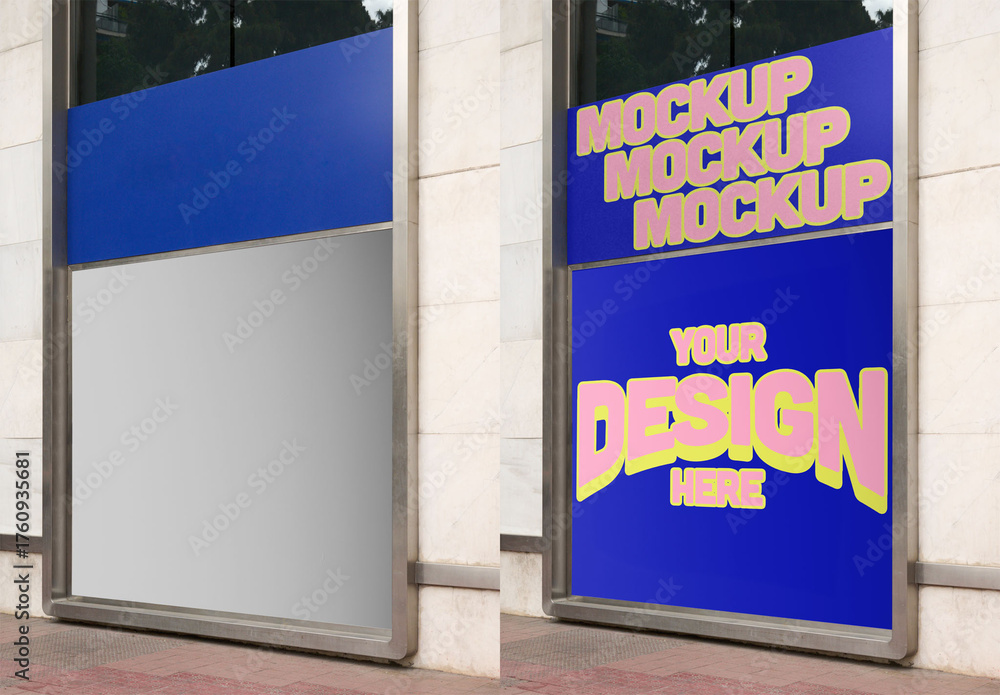 Mockup of A blank storefront with a blue top panel and a silver bottom ...