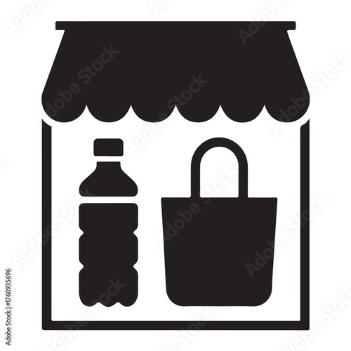 A black silhouette of a store with a water bottle and shopping bag isolated on white background, representing retail