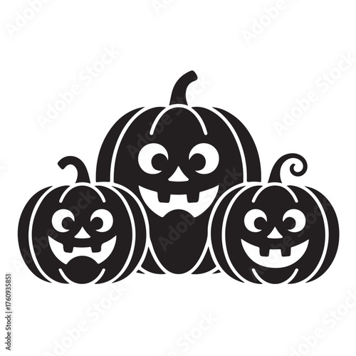 A black silhouette of three pumpkins with carved faces isolated on white background, representing halloween season